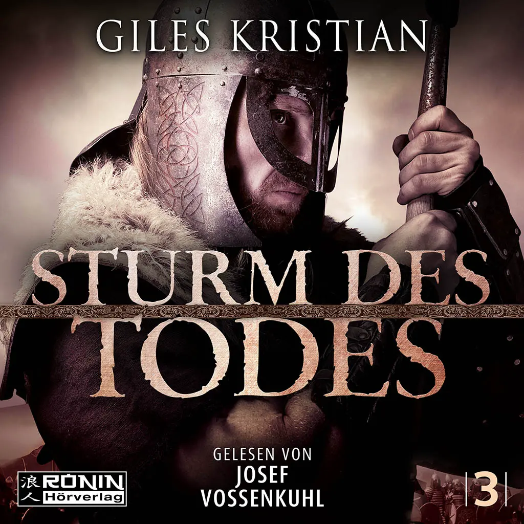 Buchcover von Sturm des Todes von Giles Kristian, ein Krieger mit Helm und Schwert, gelesen von Josef Vossenkuhl.