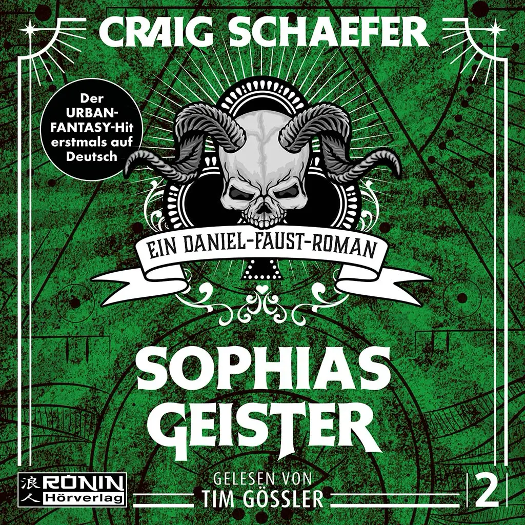 Buchcover von Sophias Geister von Craig Schaefer, urbaner Fantasy-Roman mit einem Schädelmotiv und grüner Gestaltung.